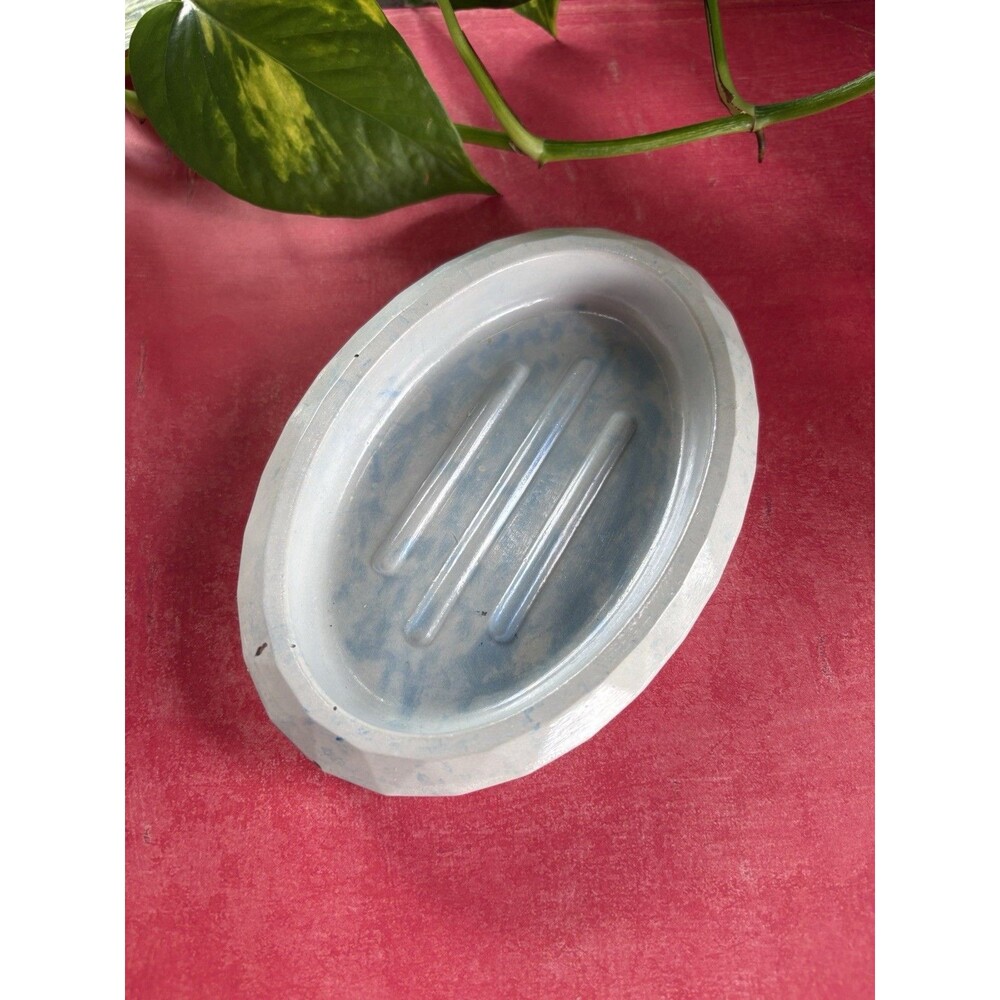 Handmade Soap Dish Cement Soap Holder Oval Bathroom Kitchen Marbled Blue